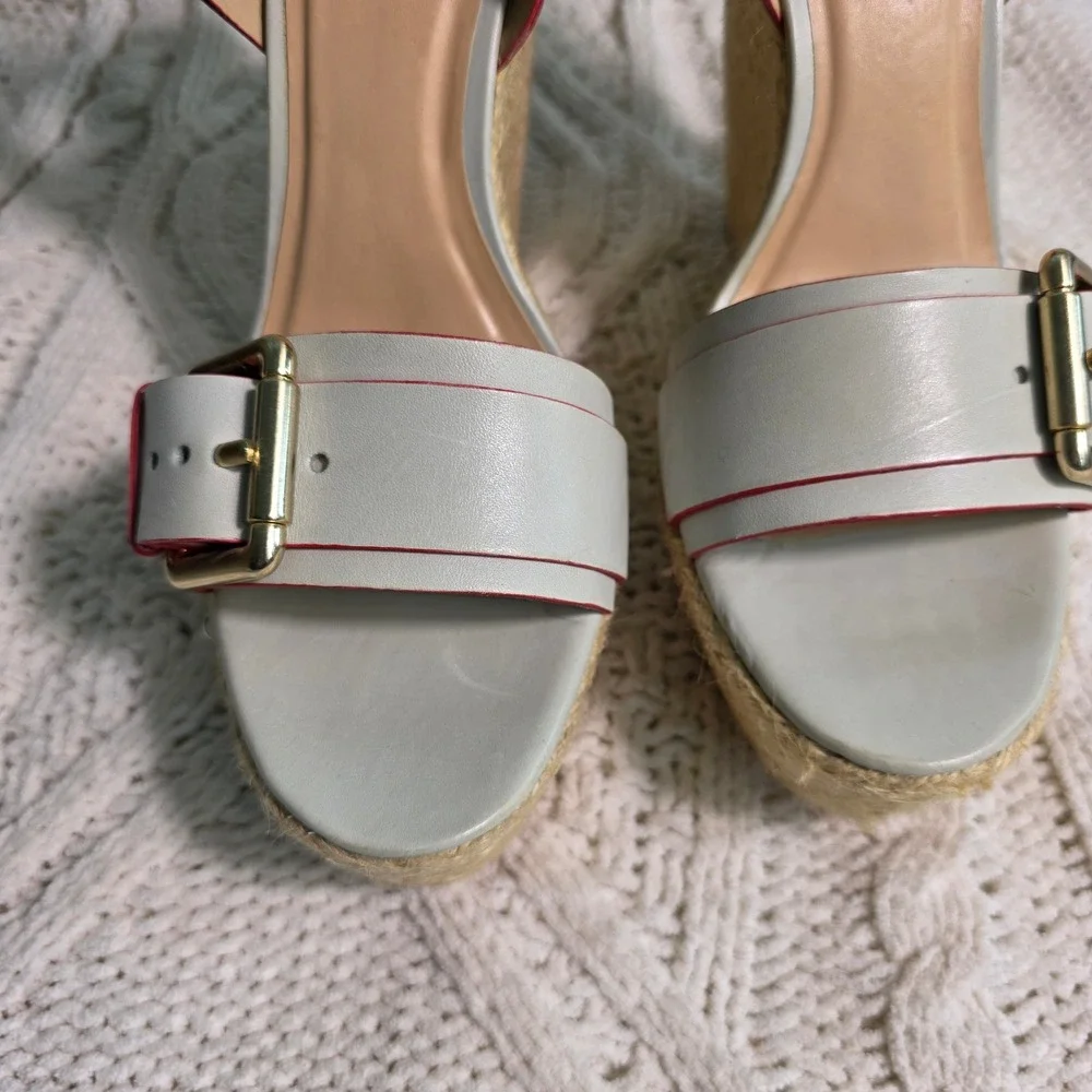Pour La Victoire Wedge Sandals Ice Blue Red Leather‎ Espadrille Womens 9 NEW